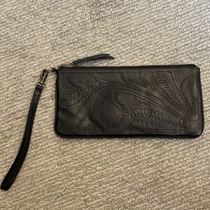 Leaders In Leather Wristlet Clutch Black Tooled Embossed Boho From Paraguay